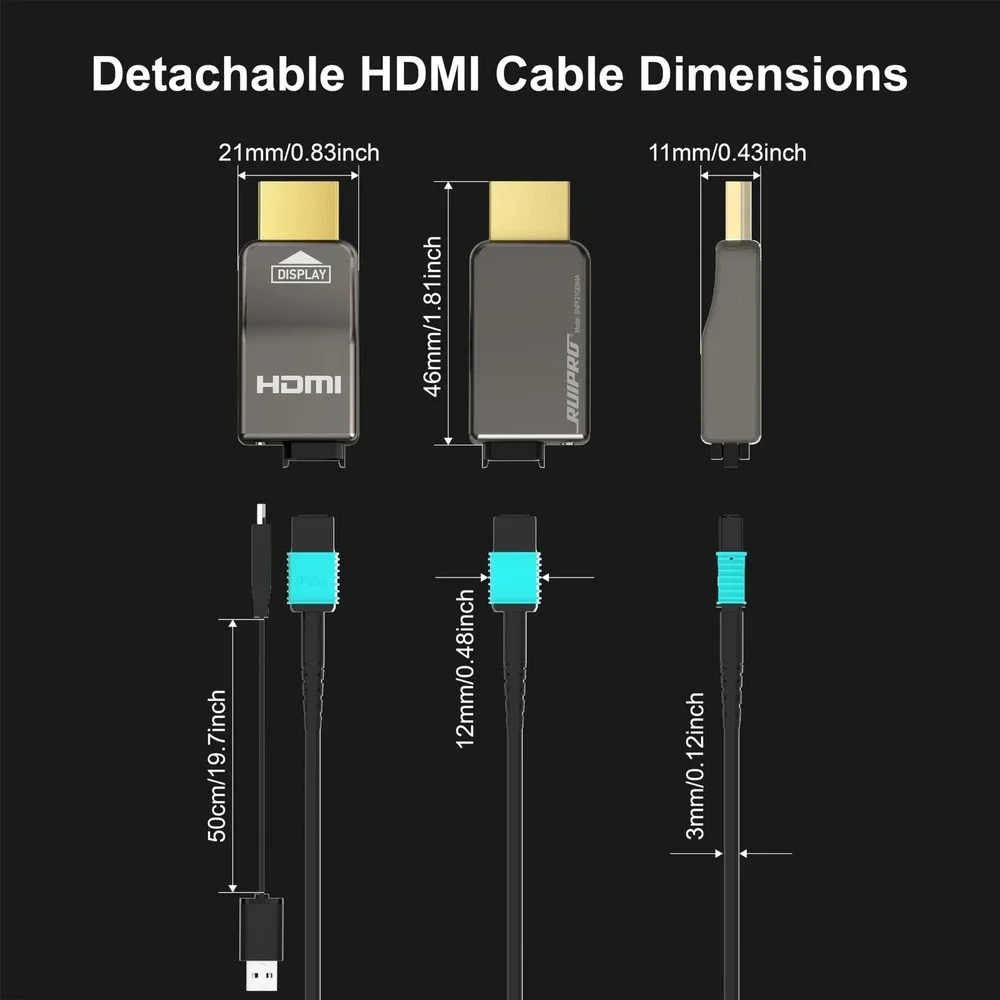 RUIPRO 8K HDMI 2.1 Cable 20FT Full Fiber Optic Detachable 48Gbps HDR eARC